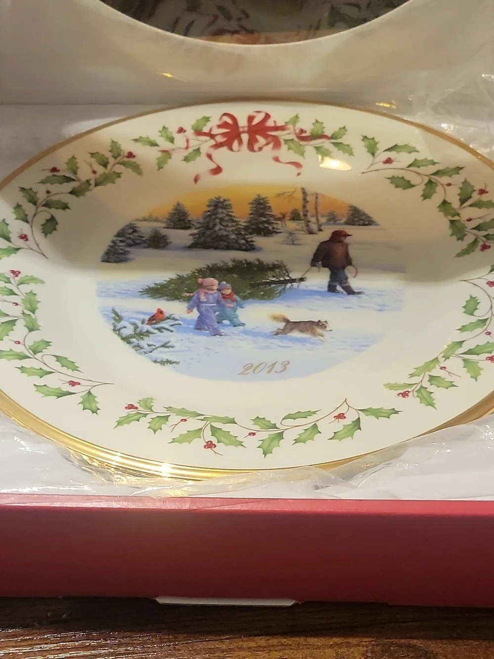 Lenox Holiday Plate in White, Green & Gold with Winter Tree Scene
